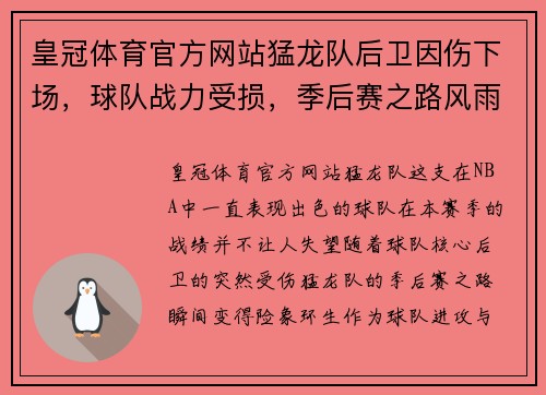 皇冠体育官方网站猛龙队后卫因伤下场，球队战力受损，季后赛之路风雨飘摇